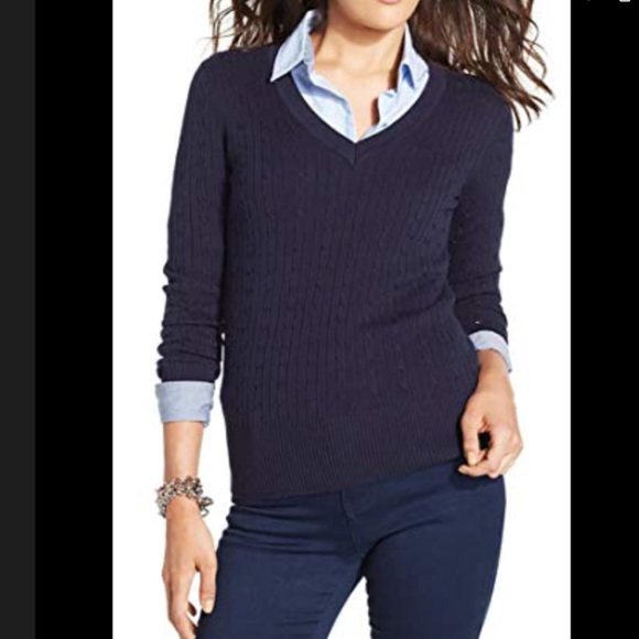 Tommy Hilfiger Jenny Cable-Knit V-Neck Sweater M - Picture 1 of 6